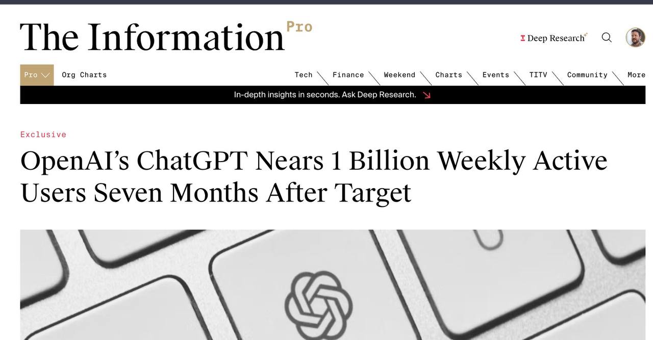ChatGPT достиг отметки в 1 миллиард еженедельных пользователей