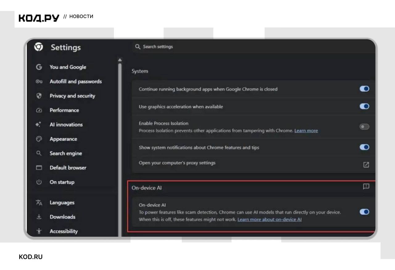 Google Chrome требует 20 ГБ для работы встроенного ИИ