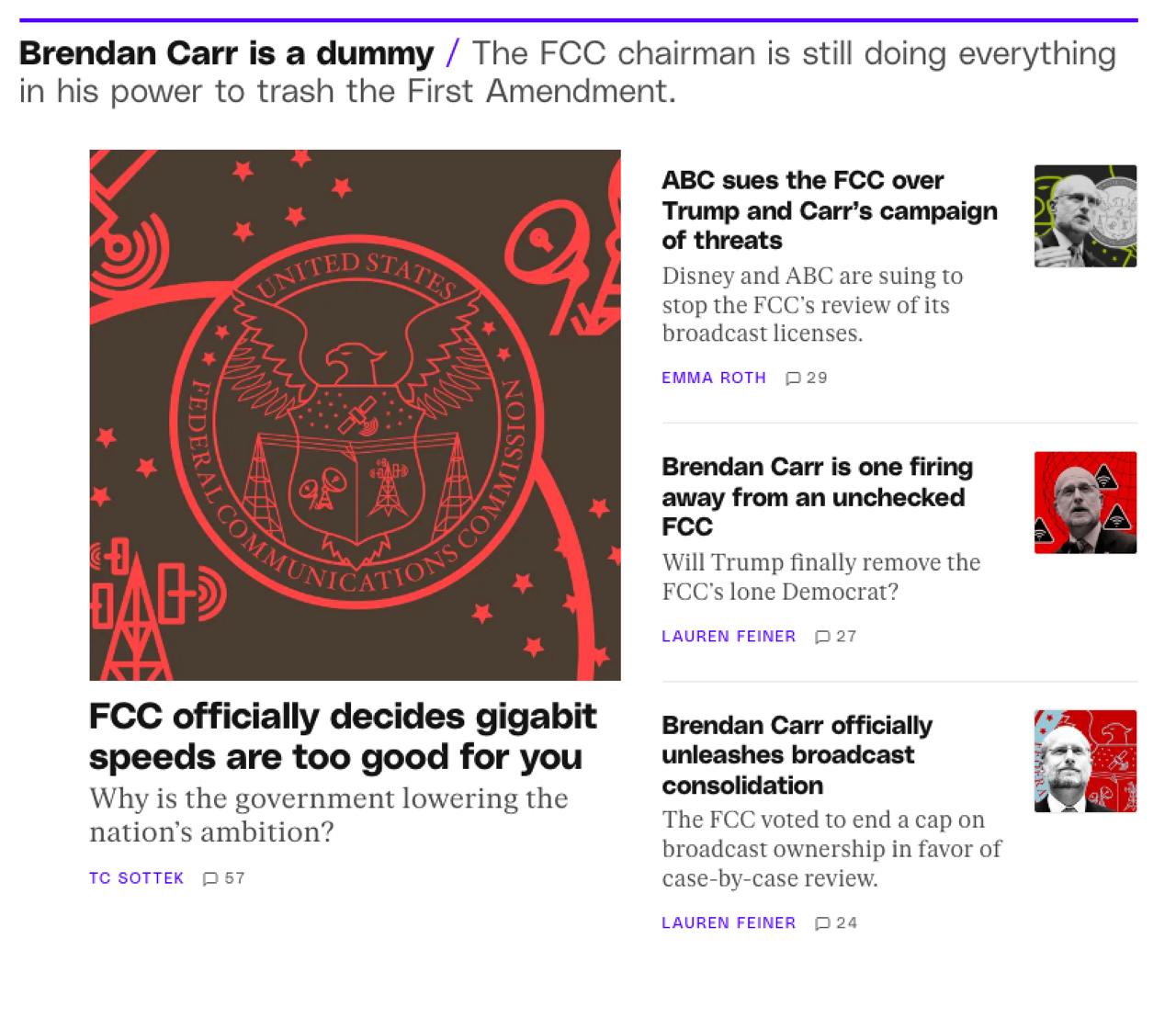 Критика Брендана Карра на главной странице The Verge