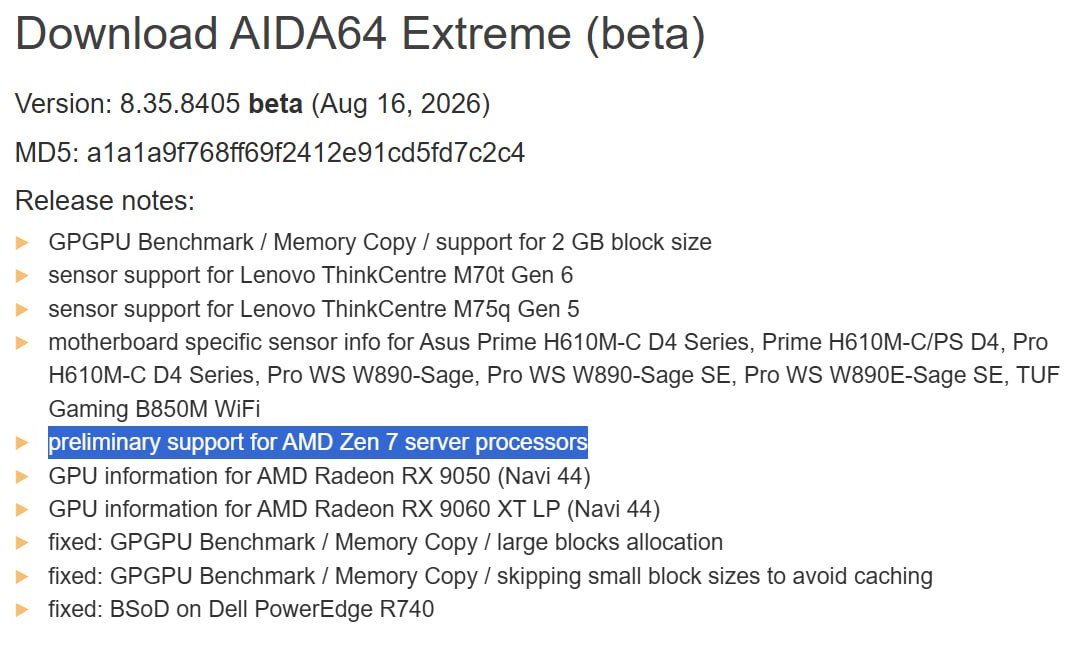 Поддержка архитектуры Zen 7 появилась в AIDA64