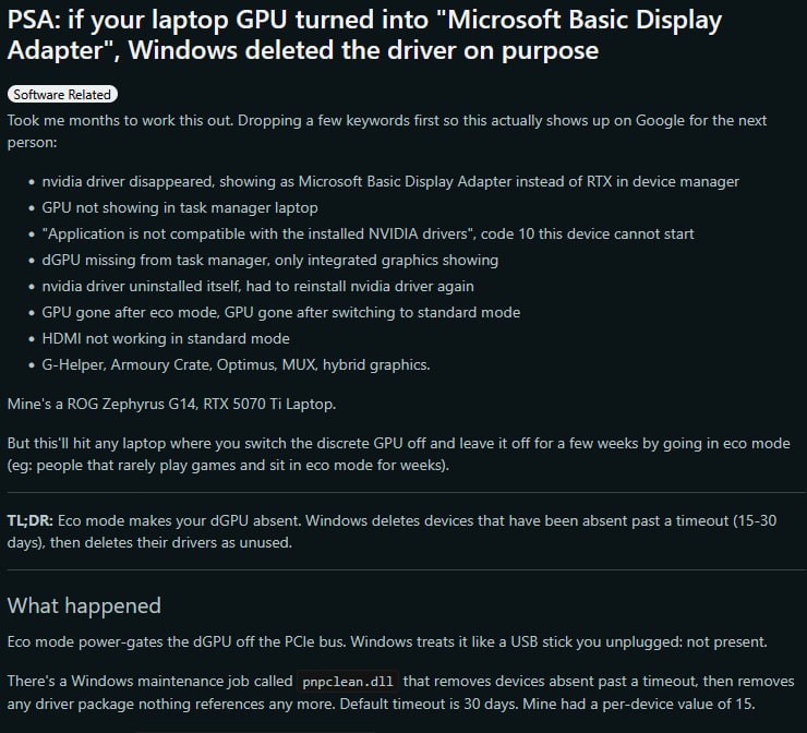 Windows удаляет драйверы Nvidia при длительном простое в Eco Mode