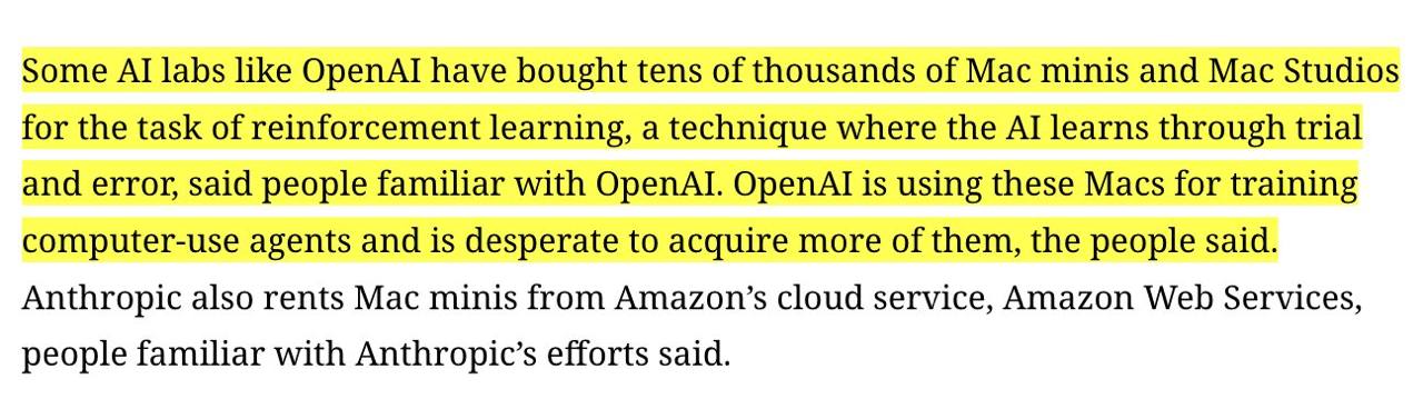 OpenAI и Anthropic закупают Mac mini и Mac Studio для обучения моделей