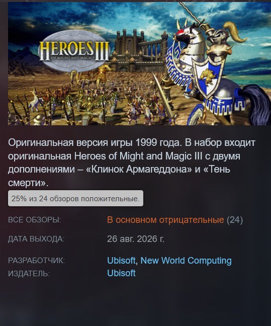 Ubisoft выпустила нерабочую заглушку Heroes of Might and Magic III в Steam