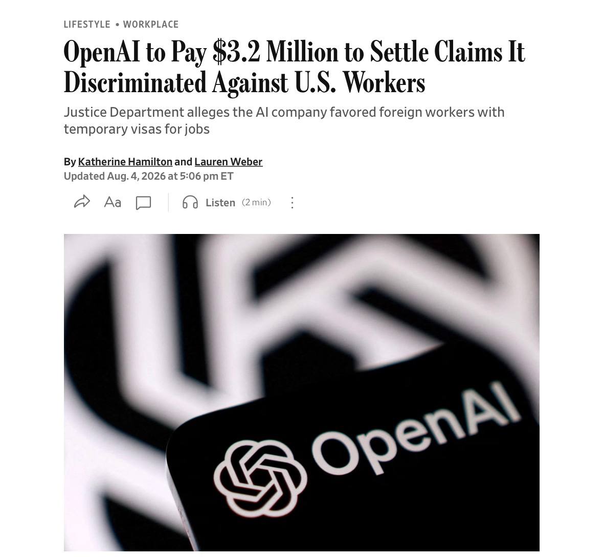 OpenAI оштрафована на $3,2 млн за дискриминацию при найме