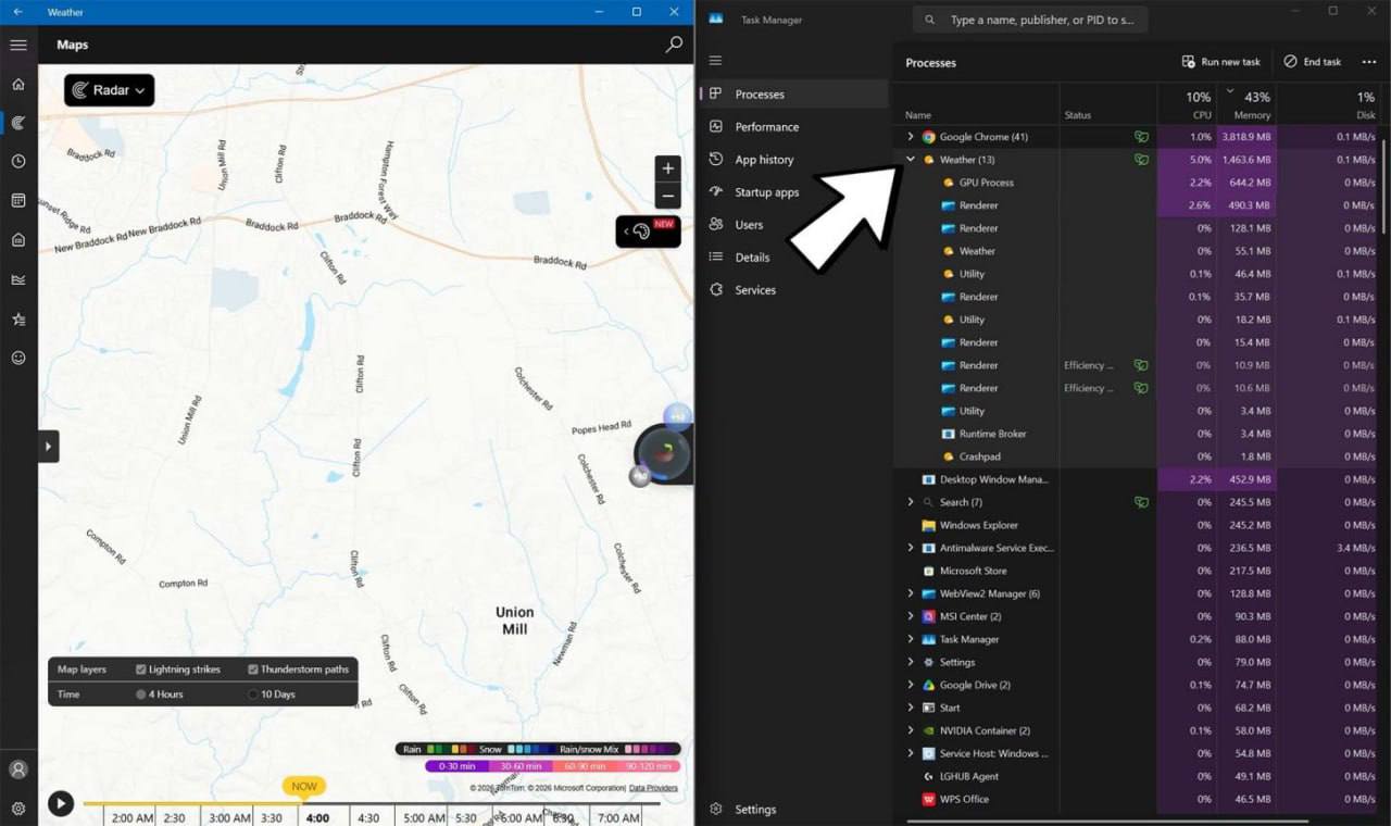 Приложение «Погода» в Windows 11 потребляет до 1,6 ГБ оперативной памяти