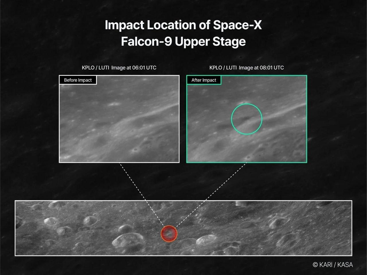 Корейский спутник KPLO зафиксировал место падения ступени Falcon 9 на Луне