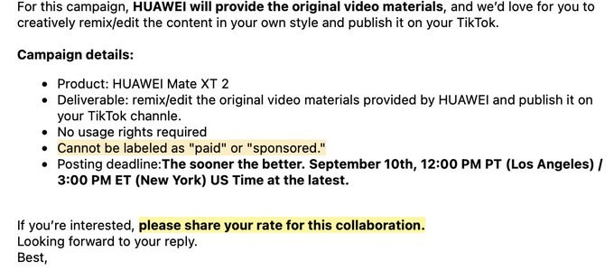 Huawei предложила блогерам скрыть рекламу Mate XT2 перед презентацией Apple