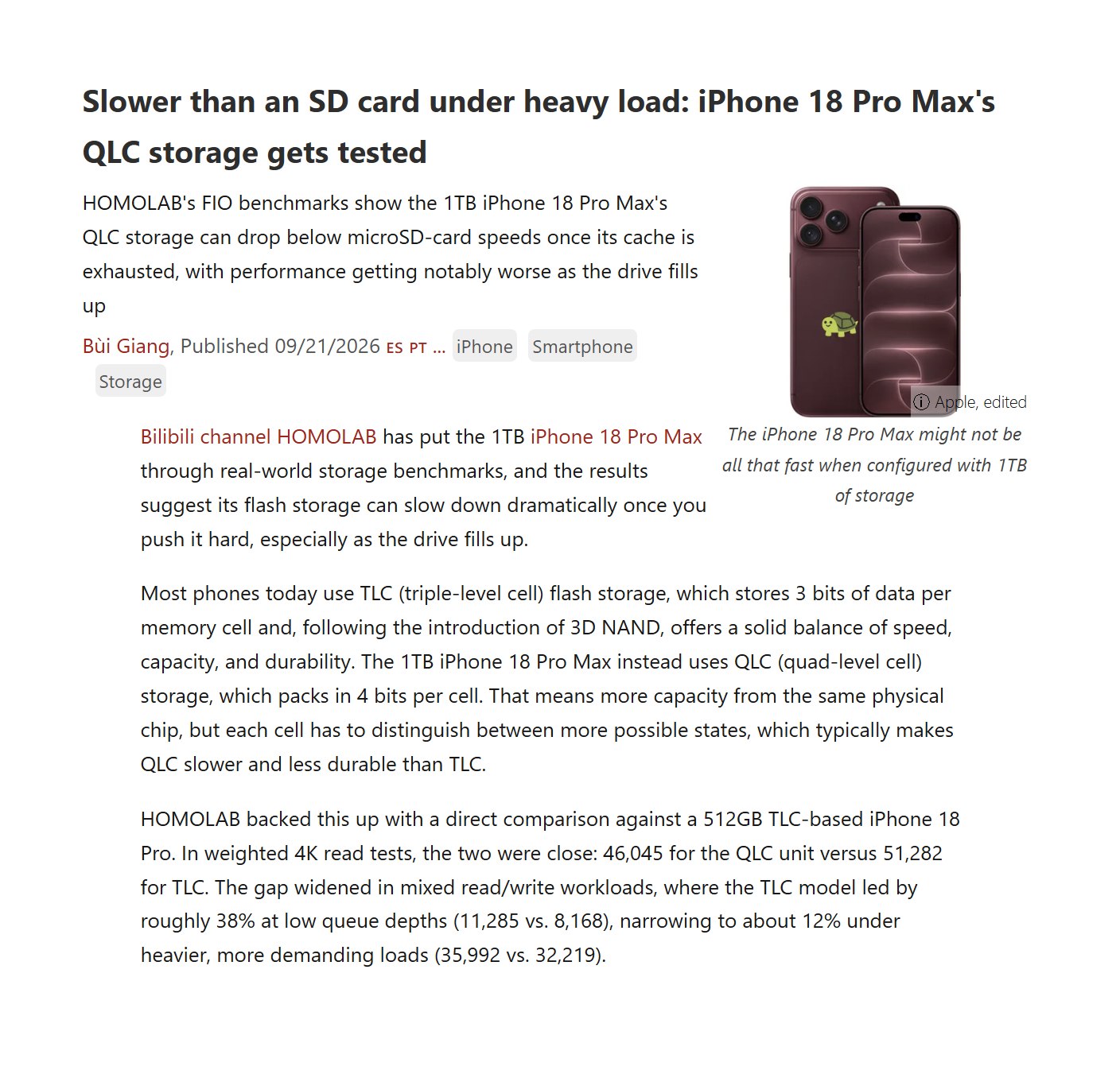 Проблемы производительности iPhone 18 с памятью QLC
