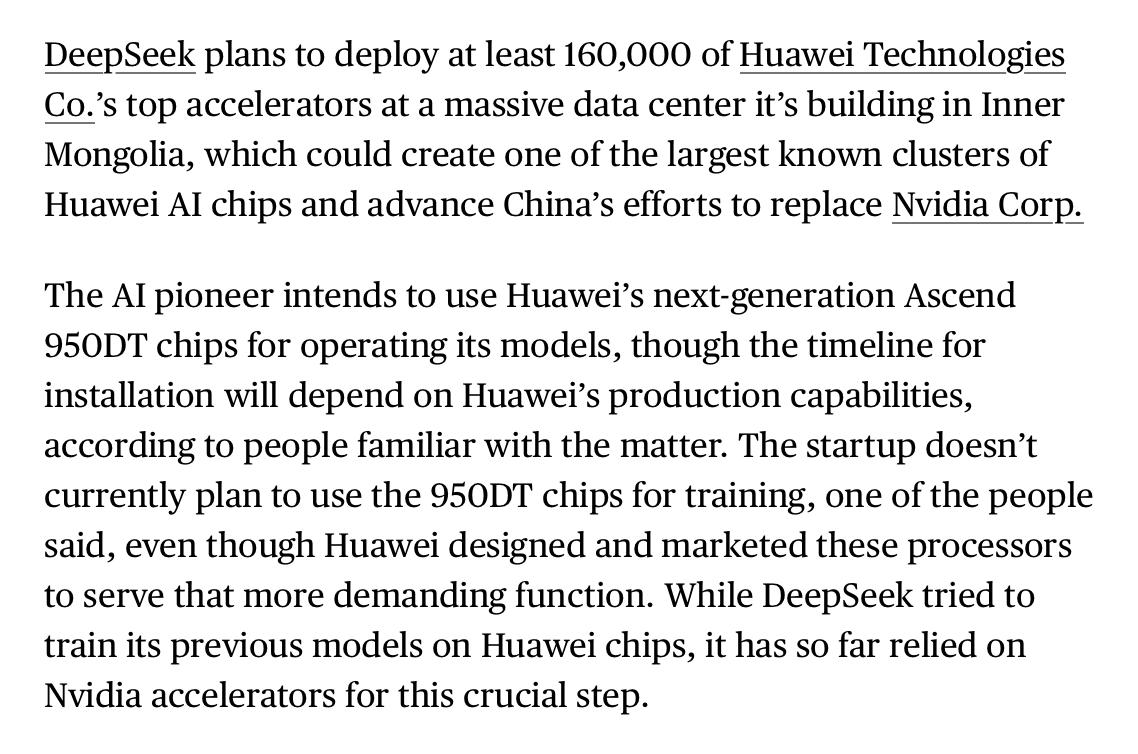 DeepSeek планирует кластер на 160 000 чипов Huawei Ascend 950DT
