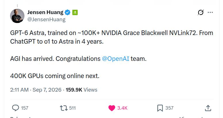 Дженсен Хуанг о достижении AGI с выходом GPT-6 Astra