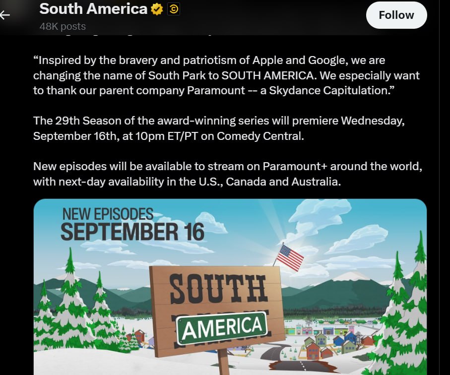 South Park переименовывается в SOUTH AMERICA
