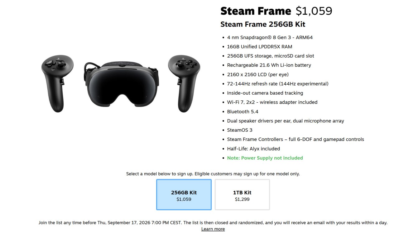 Valve анонсировала VR-гарнитуру Steam Frame
