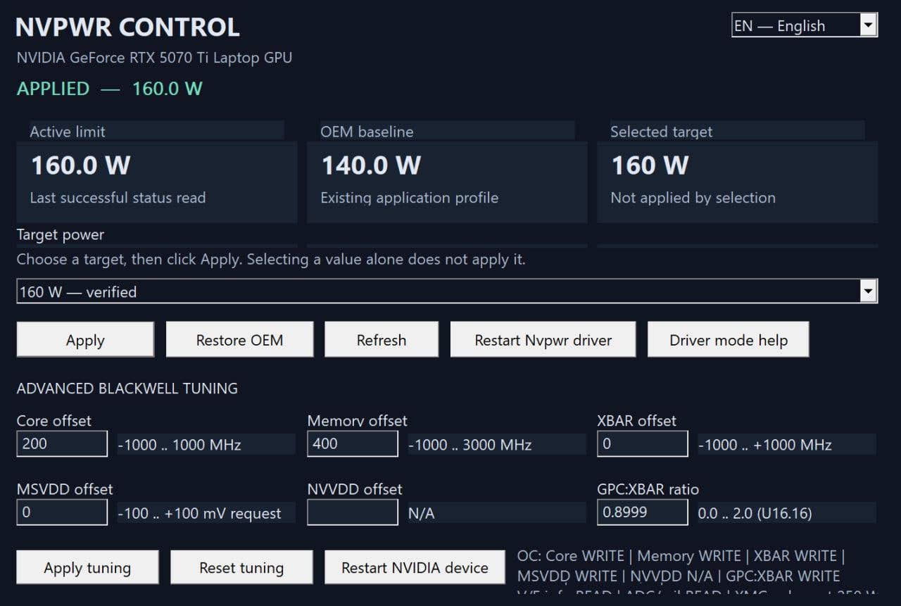 Инструмент NvpwrControl для снятия лимитов питания мобильных GPU Nvidia