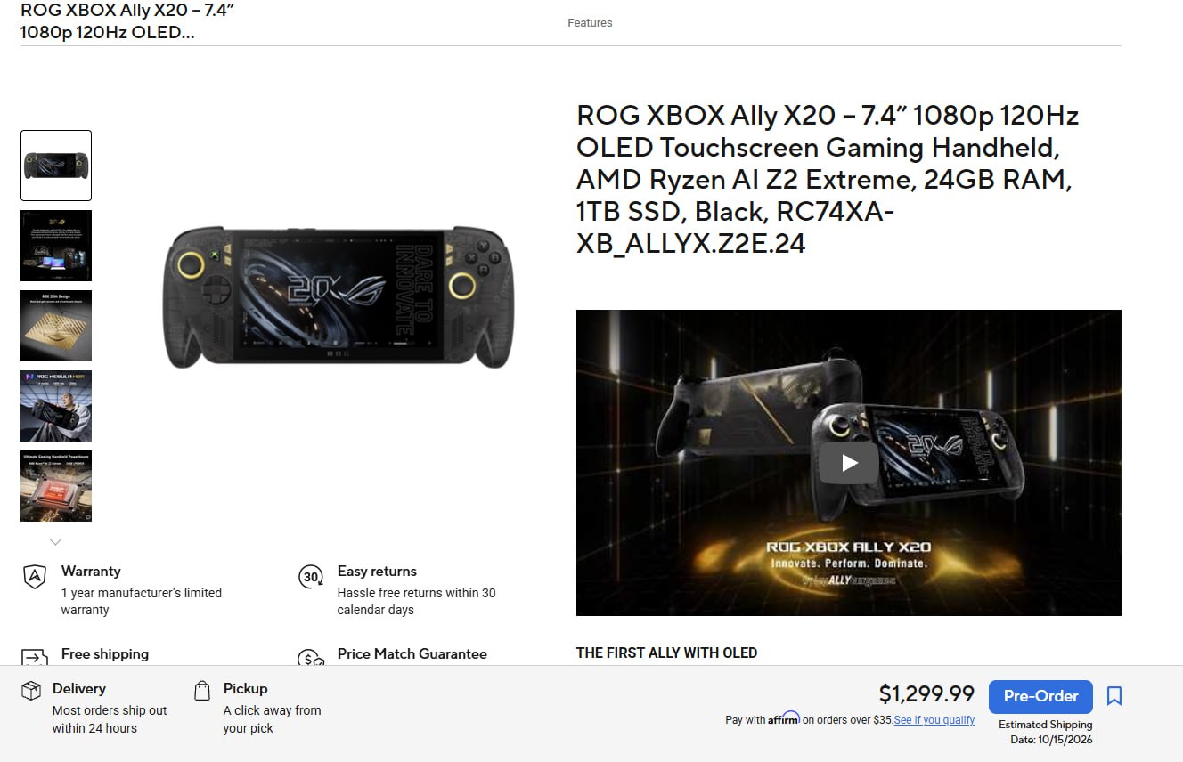 ASUS открыла предзаказы на портативную консоль ROG Xbox Ally X20