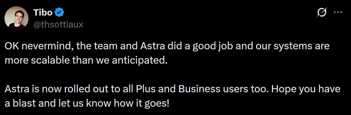 OpenAI завершила развертывание модели Astra