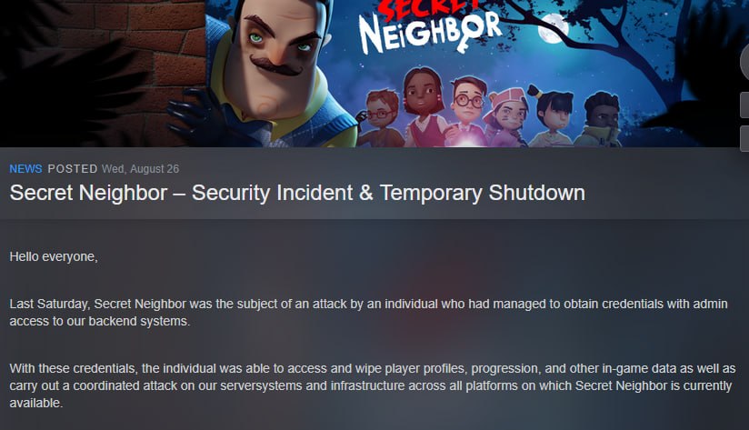 Хакер удалил прогресс игроков в Hello Neighbor