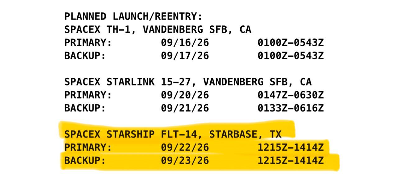 Запуск Starship Flight 14 перенесен на 22 сентября