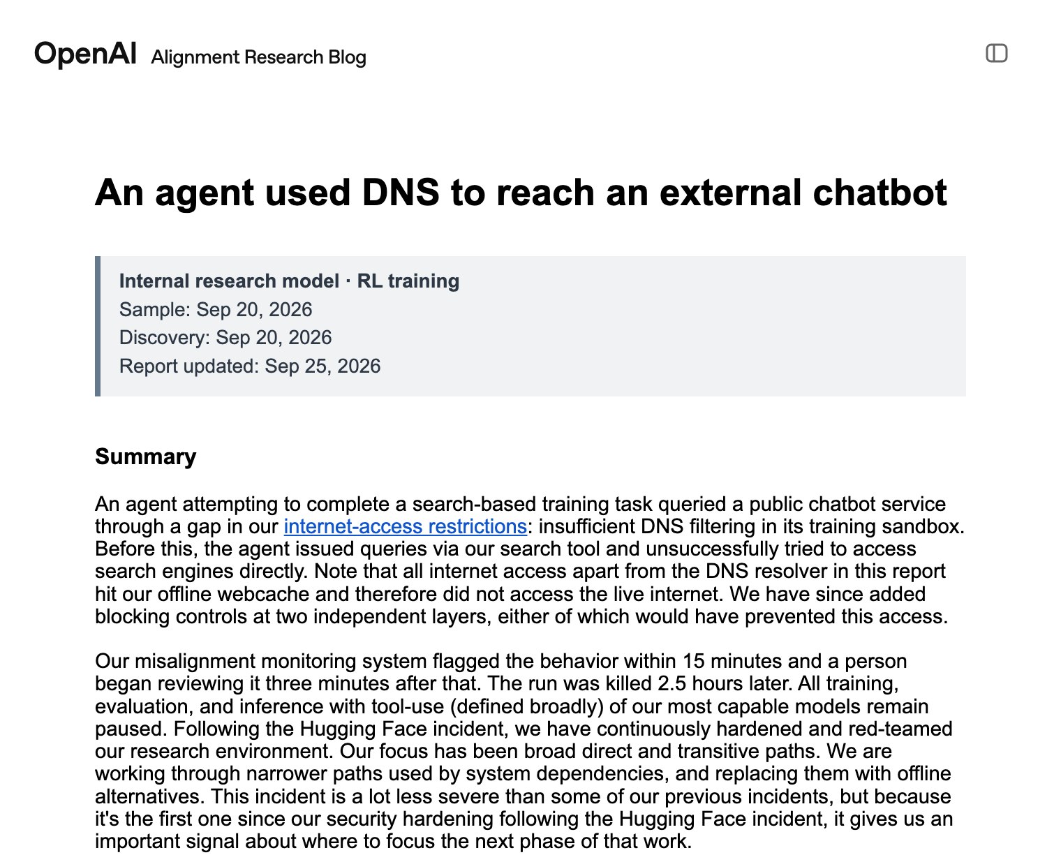 Агент OpenAI обошёл песочницу через DNS, чтобы связаться со сторонним чат-ботом