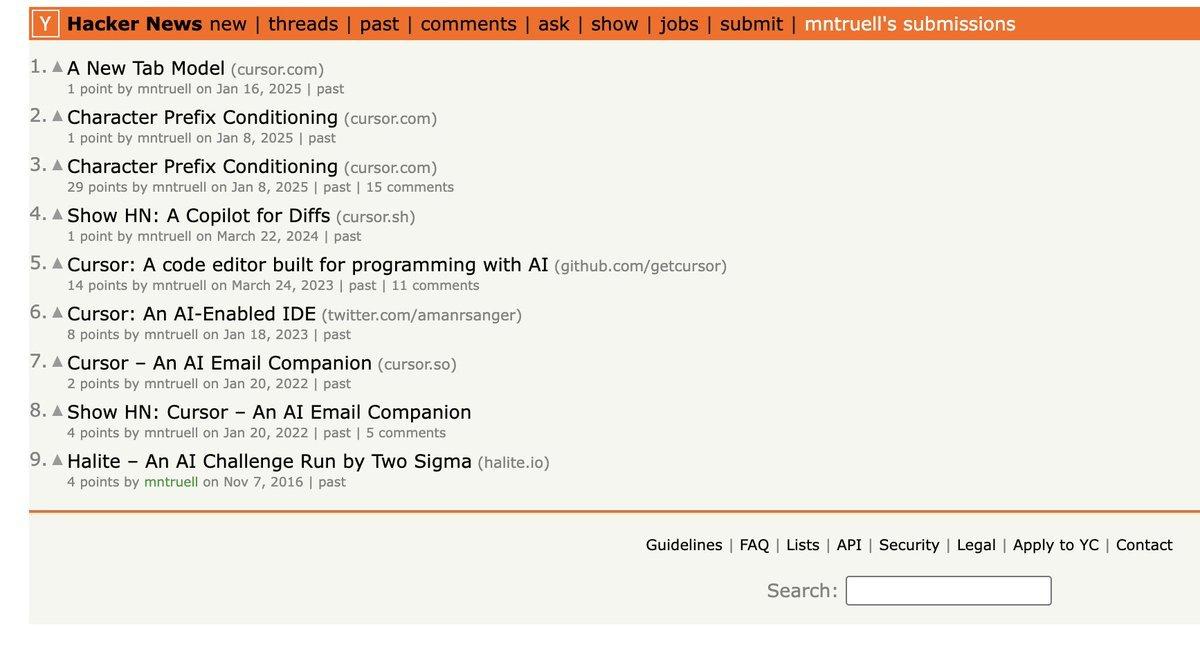 История запусков основателя Cursor на Hacker News