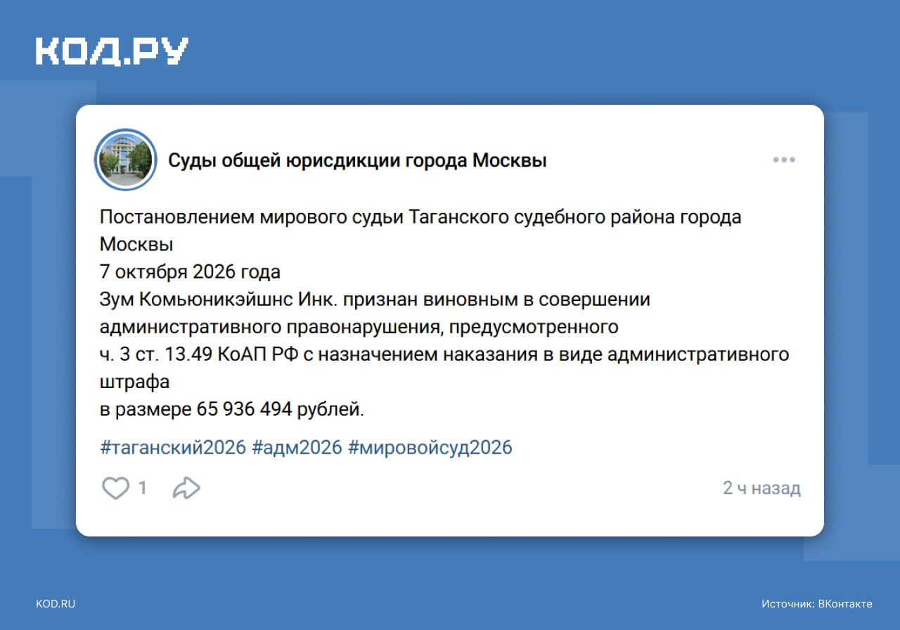 Московский суд оштрафовал Zoom на 66 млн рублей