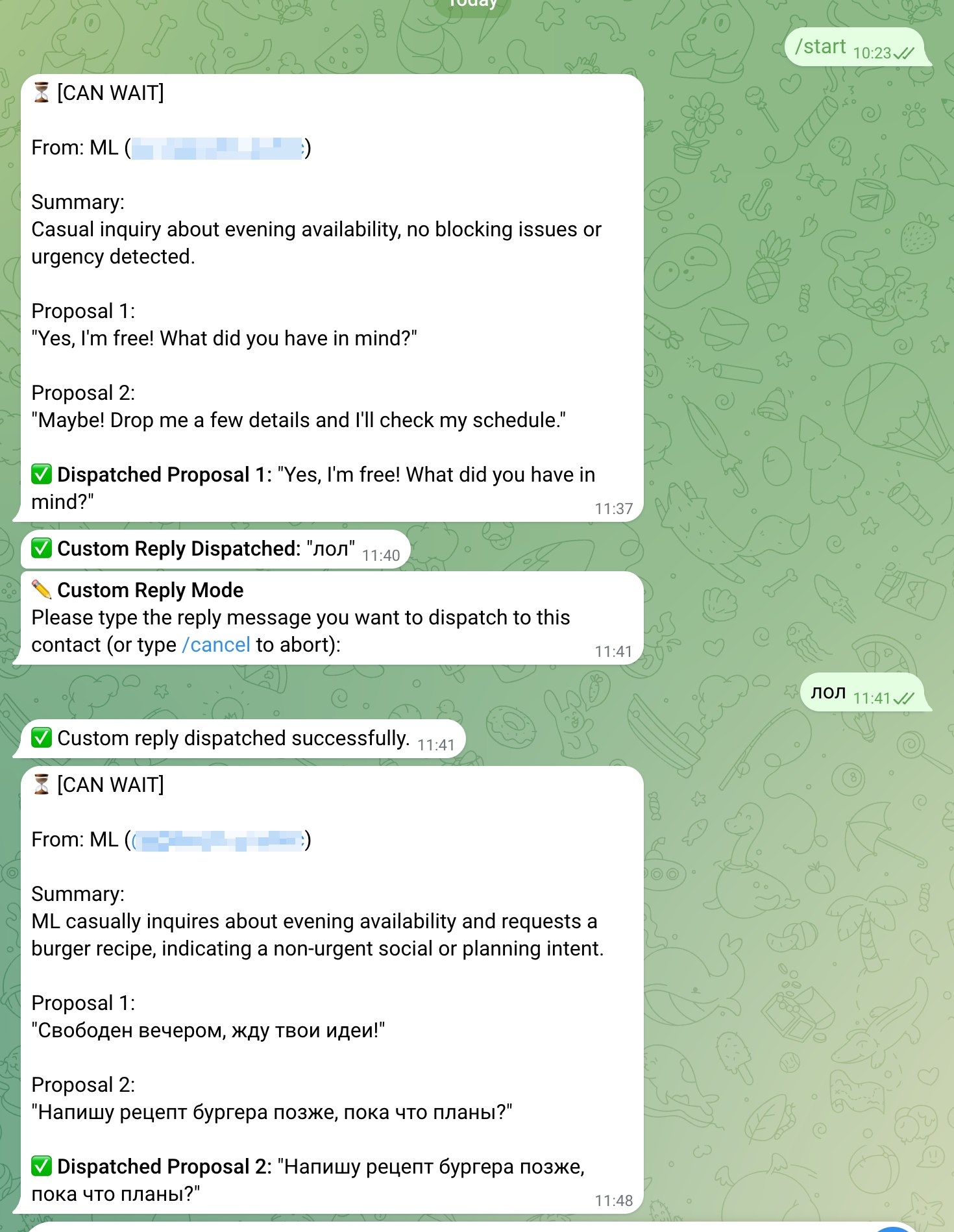 Автор пробует бота для личных чатов в Telegram