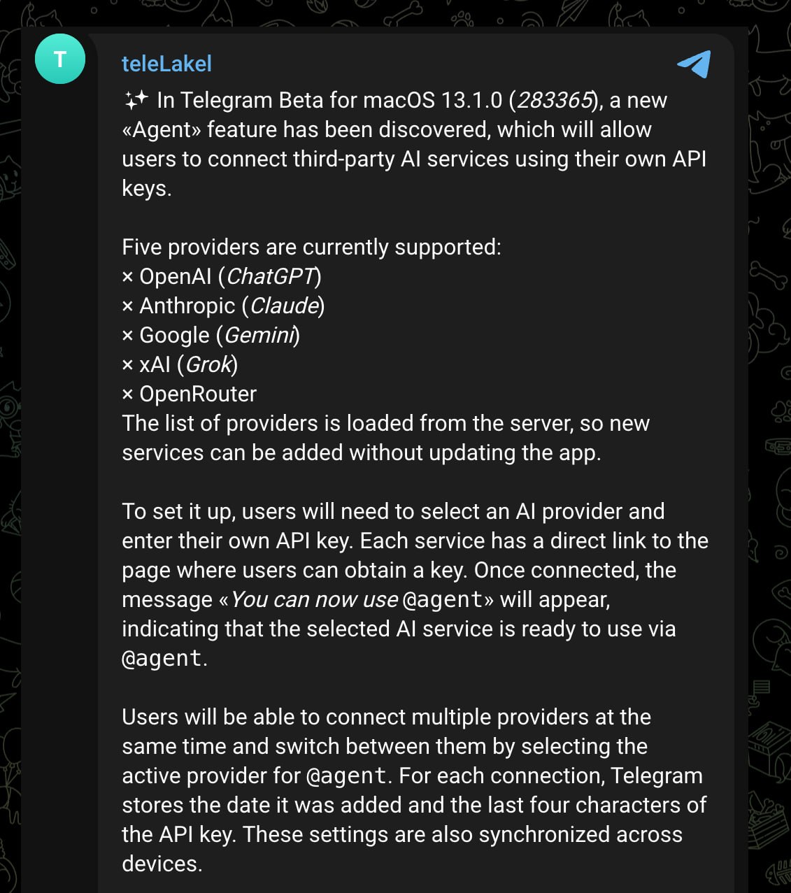 В бета-версии Telegram для macOS нашли подключение ИИ-моделей