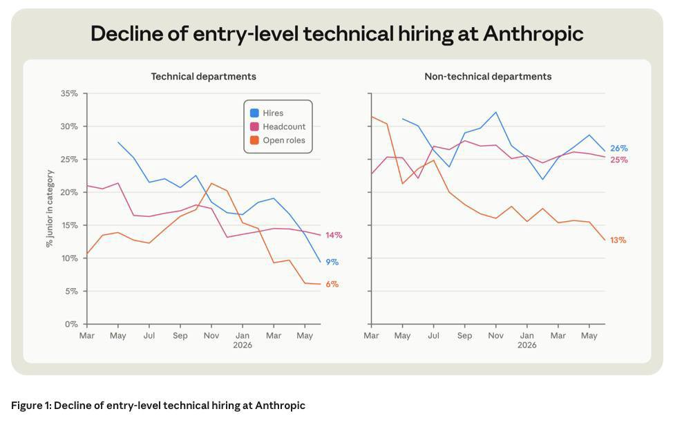 Доля джунов среди новых технических сотрудников Anthropic упала до 9%