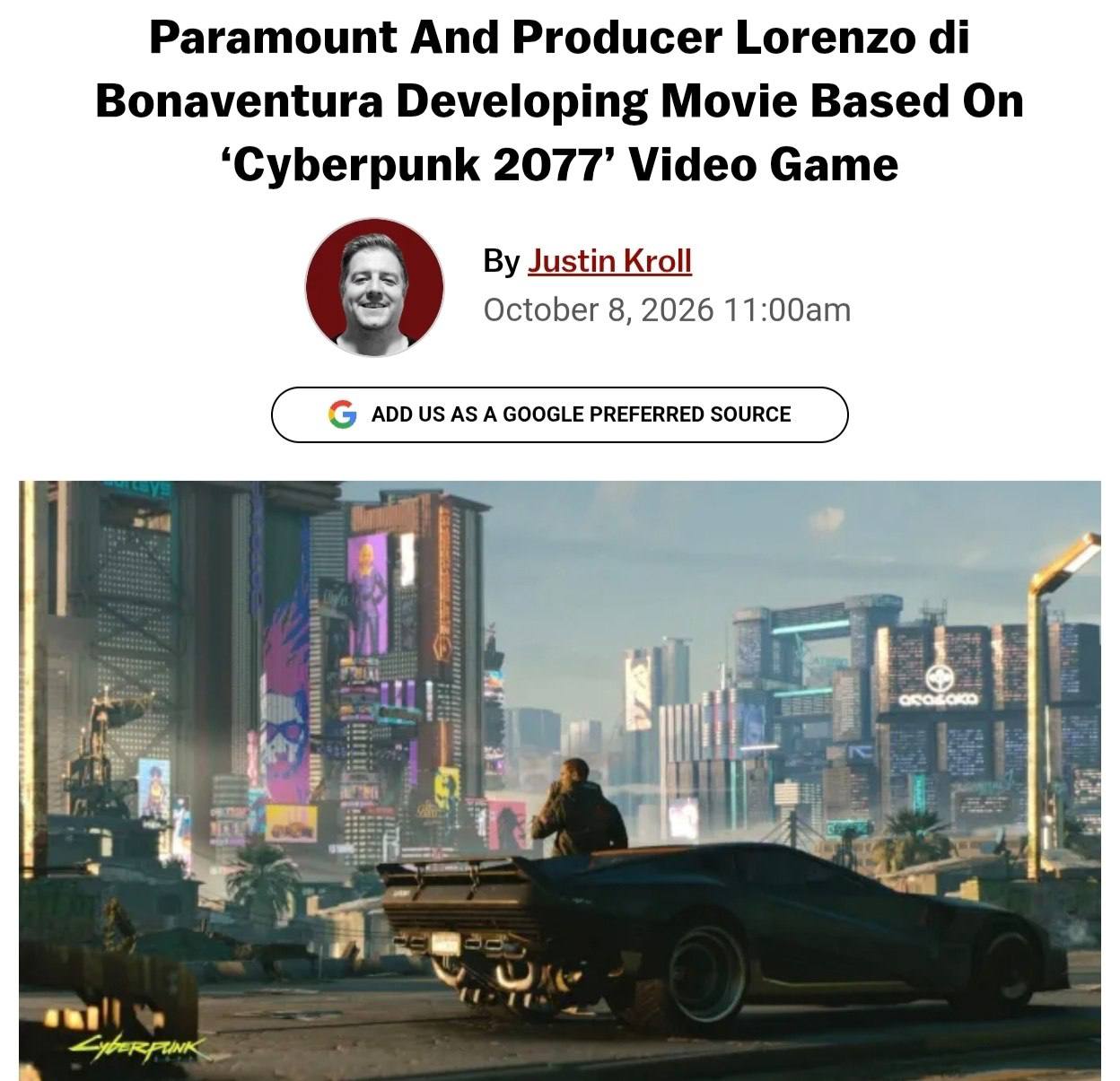 Paramount Pictures работает над экранизацией Cyberpunk 2077
